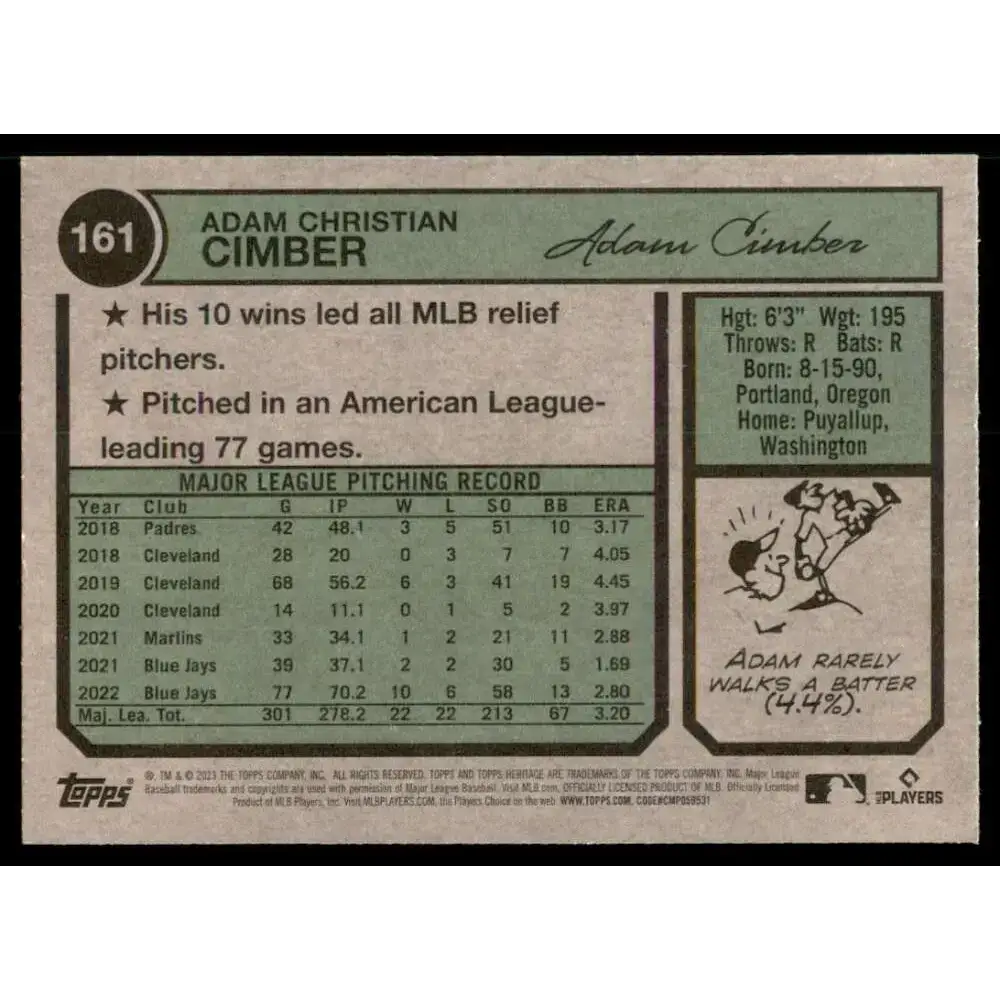 2023 Topps Heritage #161 Adam Cimber NM-MT Toronto Blue Jays Baseball Card - Baseball Card