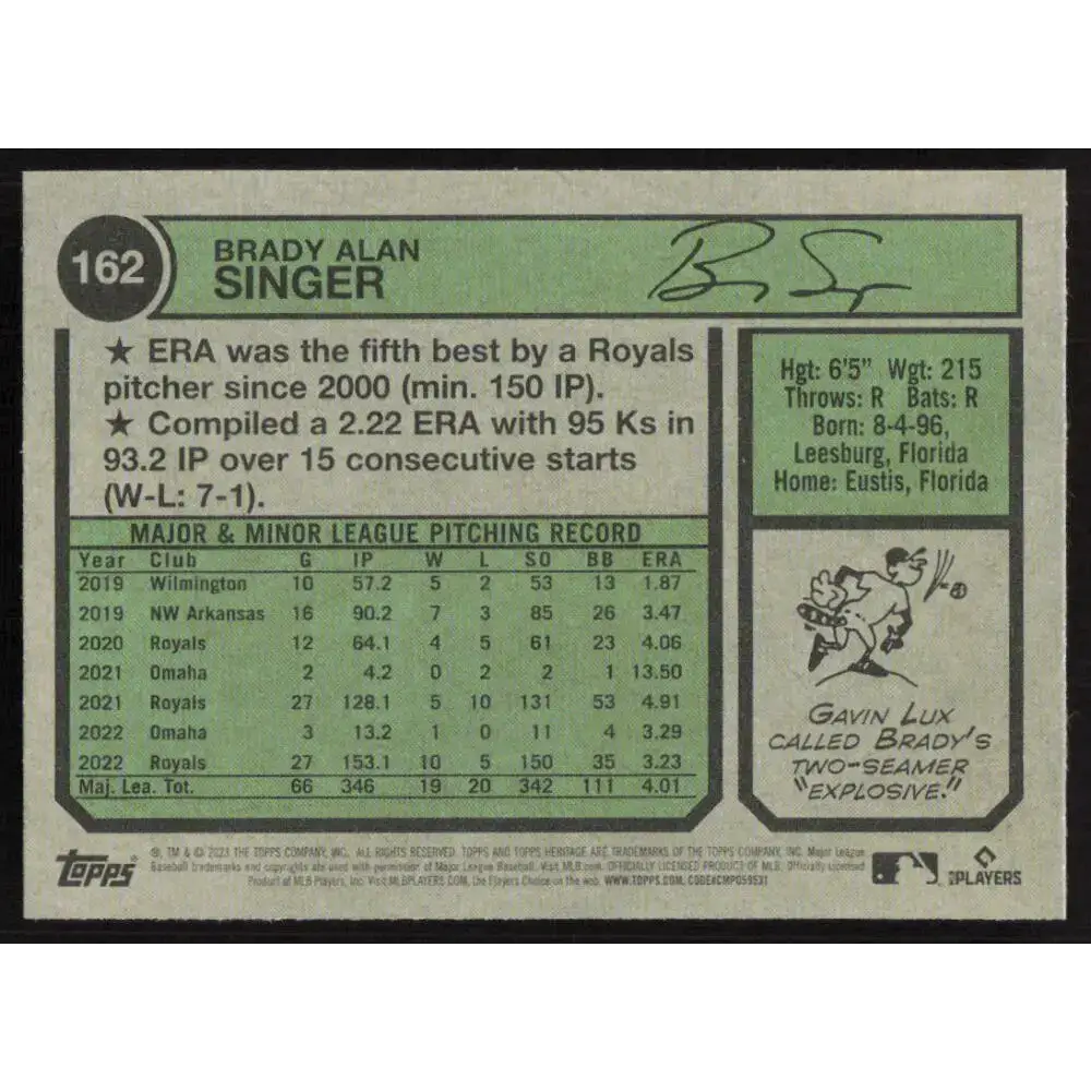 2023 Topps Heritage #162 Brady Singer NM-MT Kansas City Royals Baseball Card - Baseball Card
