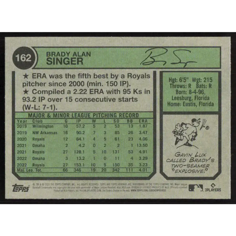 2023 Topps Heritage #162 Brady Singer NM-MT Kansas City Royals Baseball Card - Baseball Card Single