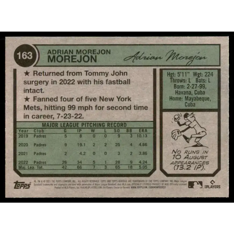 2023 Topps Heritage #163 Adrian Morejon NM-MT San Diego Padres Baseball Card - Baseball Card Single