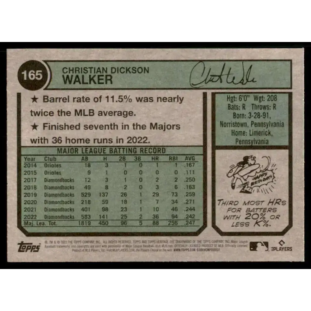 2023 Topps Heritage #165 Christian Walker NM-MT Arizona Diamondbacks Baseball Card - Baseball Card