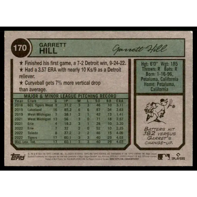 2023 Topps Heritage #170 Garrett Hill NM-MT RC Rookie Detroit Tigers Baseball Card - Baseball Card Single