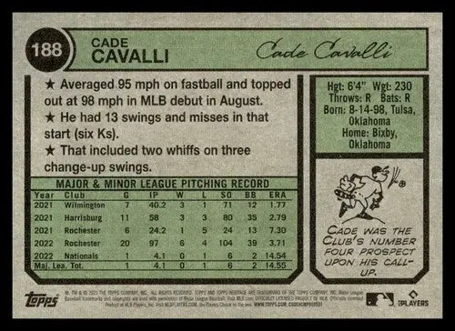 2023 Topps Heritage #188 Cade Cavalli NM-MT RC Rookie Nationals ID:53665 - Baseball Card Single