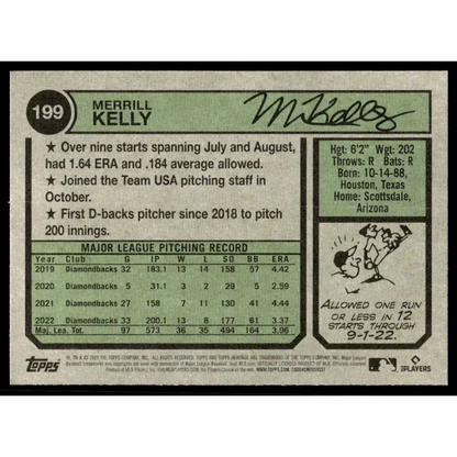 2023 Topps Heritage #199 Merrill Kelly NM-MT Arizona Diamondbacks Baseball Card - Baseball Card