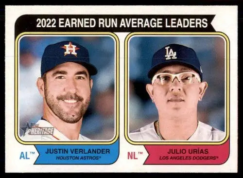 Baseball card featuring Justin Verlander and Julio Urías from 2023 Topps Heritage with original gloss