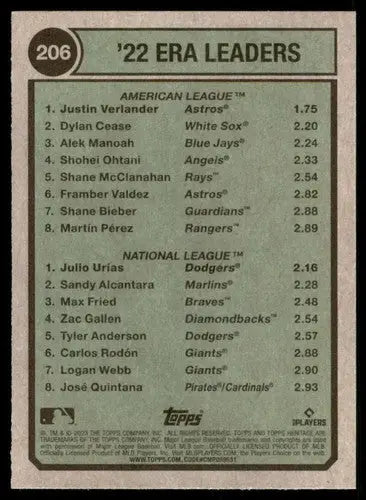 Baseball card back showing 2022 ERA leaders from Topps Heritage featuring Justin Verlander