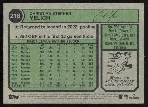 2023 Topps Heritage #218 Christian Yelich NM Near Mint Brewers ID:65286 - Baseball Card Single
