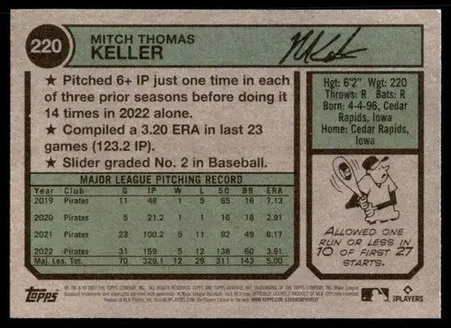 2023 Topps Heritage #220 Mitch Keller NM-MT Pirates ID:73390 - Baseball Card Single