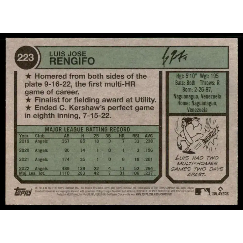 2023 Topps Heritage #223 Luis Rengifo NM-MT Los Angeles Angels Baseball Card - Baseball Card Single