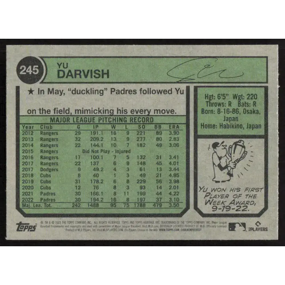 2023 Topps Heritage #245 Yu Darvish NM-MT San Diego Padres Baseball Card - Baseball Card