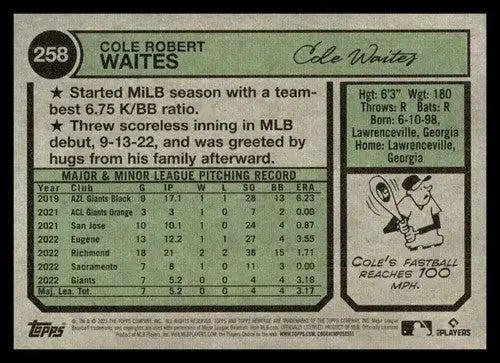 2023 Topps Heritage #258 Cole Waites NM Near Mint RC Rookie Giants ID:65297 - Baseball Card Single