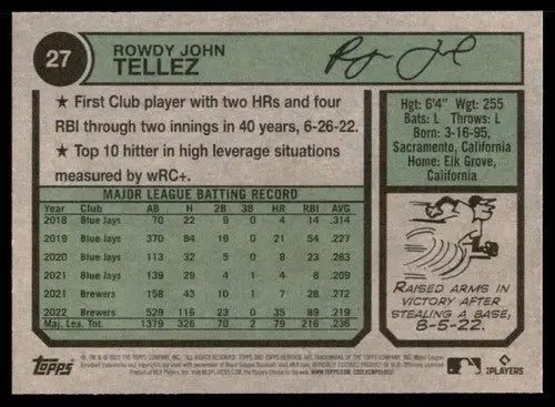 2023 Topps Heritage #27 Rowdy Tellez NM-MT Brewers ID:73358 - Baseball Card Single
