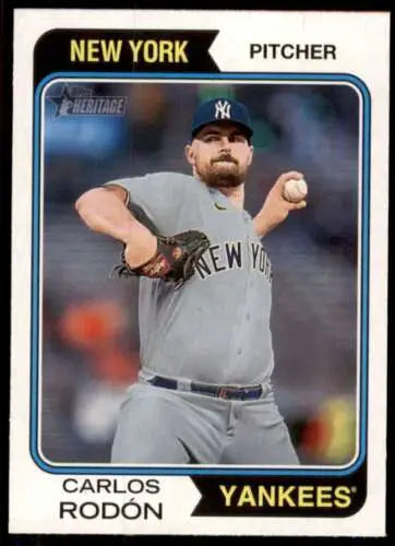 2023 Topps Heritage #274 Carlos Rodon baseball card in original gloss, Yankees near mint condition