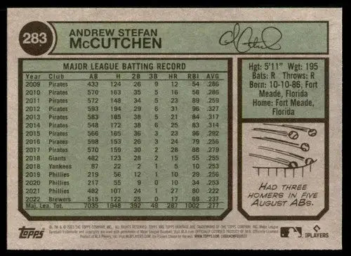 2023 Topps Heritage #283 Andrew McCutchen NM-MT Brewers ID:73408 - Baseball Card Single