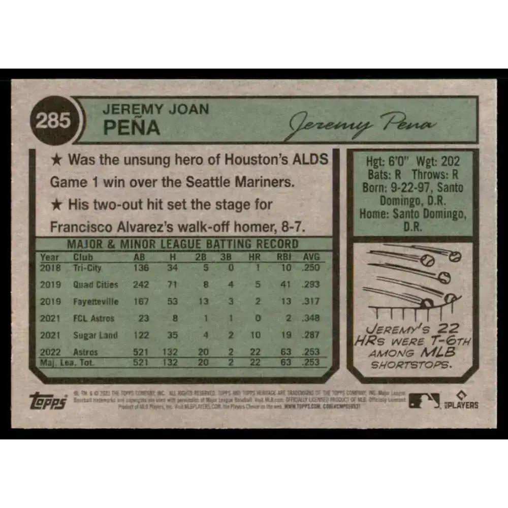 2023 Topps Heritage #285 Jeremy Pena NM-MT Houston Astros Baseball Card - Baseball Card