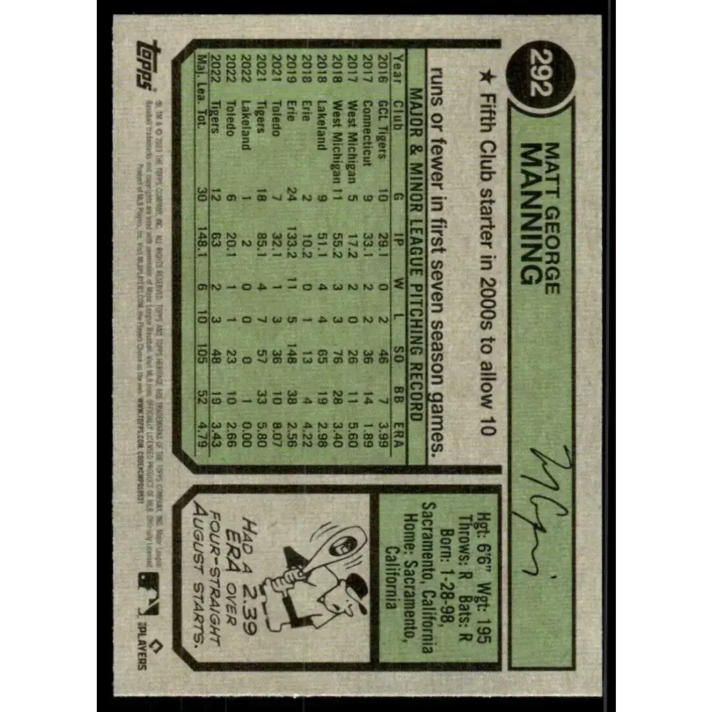 2023 Topps Heritage #292 Matt Manning NM-MT Detroit Tigers Baseball Card