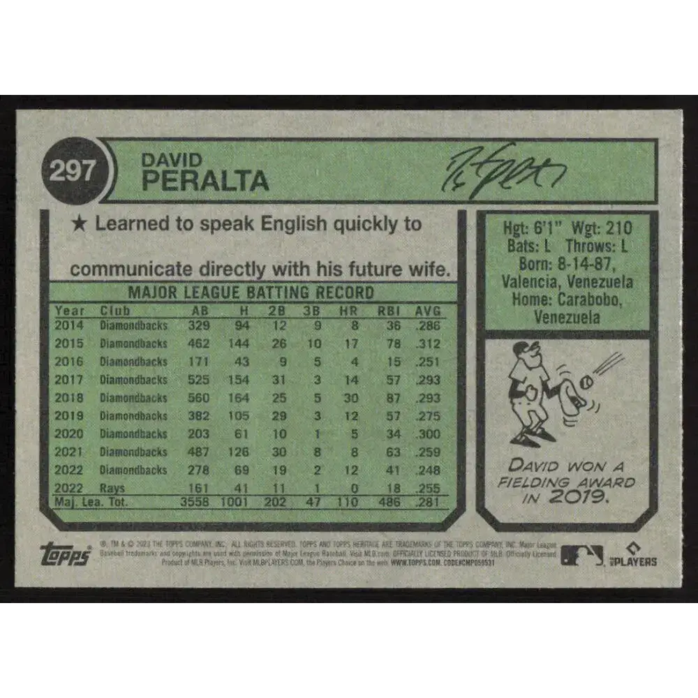 2023 Topps Heritage #297 David Peralta NM-MT Tampa Bay Rays Baseball Card - Baseball Card
