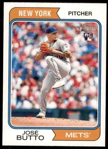 2023 Topps Heritage Jose Butto rookie baseball card with original gloss displayed