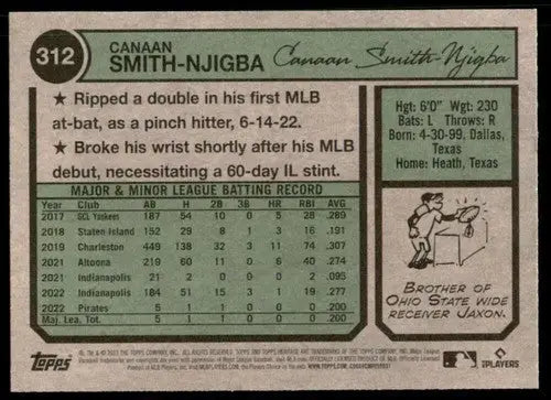 2023 Topps Heritage #312 Canaan Smith-Njigba NM-MT RC Rookie Pirates ID:53662 - Baseball Card Single