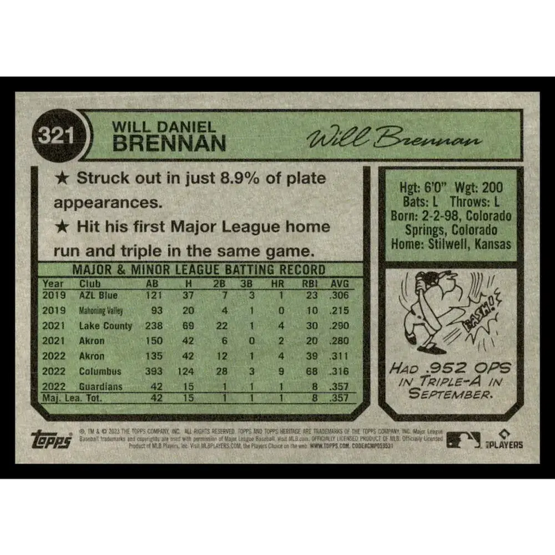 2023 Topps Heritage #321 Will Brennan NM-MT RC Rookie Cleveland Guardians Baseball Card - Baseball Card Single
