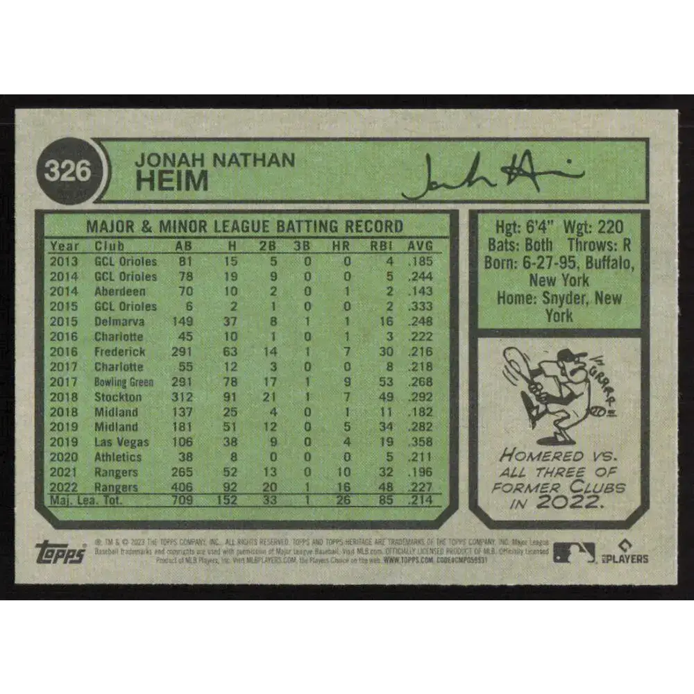 2023 Topps Heritage #326 Jonah Heim NM-MT Texas Rangers Baseball Card - Baseball Card