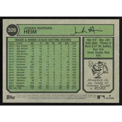 2023 Topps Heritage #326 Jonah Heim NM-MT Texas Rangers Baseball Card - Baseball Card