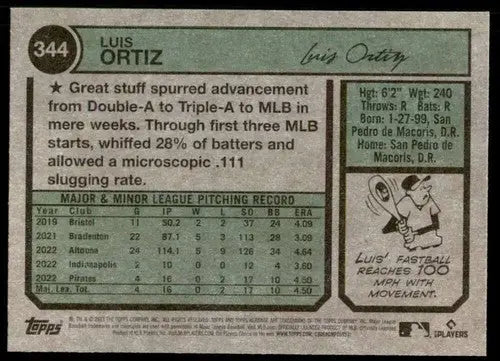 Original gloss 2023 Topps Heritage Luis Ortiz rookie baseball card displaying Pirates ID 59984
