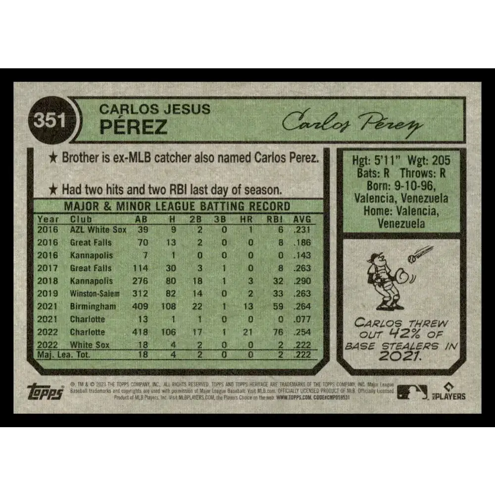 2023 Topps Heritage #351 Carlos Perez NM-MT RC Rookie Chicago White Sox Baseball Card - Baseball Card