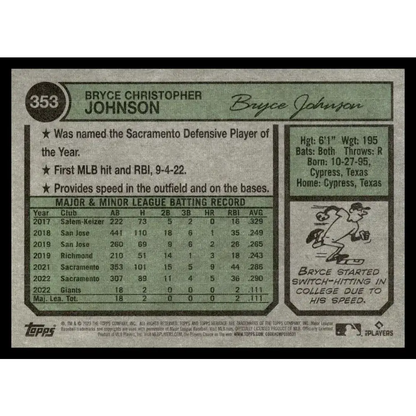 2023 Topps Heritage #353 Bryce Johnson NM-MT RC Rookie San Francisco Giants Baseball Card - Baseball Card