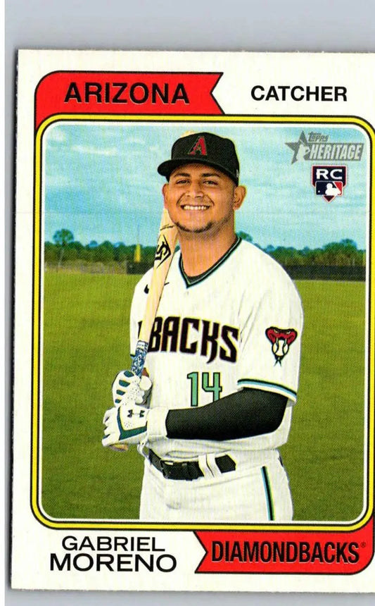 Baseball card featuring Gabriel Moreno from 2023 Topps Heritage series