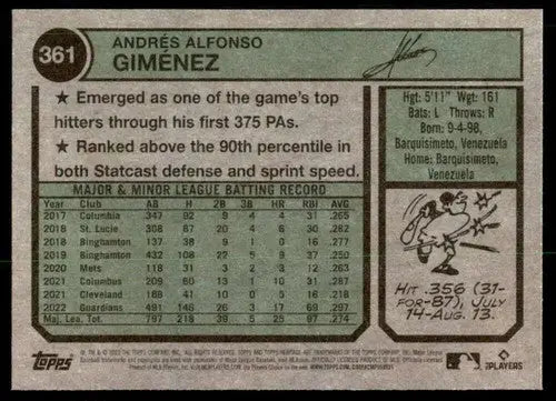 2023 Topps Heritage #361 Andres Gimenez NM-MT Guardians ID:73426 - Baseball Card Single
