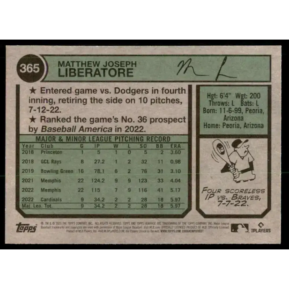 2023 Topps Heritage #365 Matthew Liberatore NM-MT RC Rookie St. Louis Cardinals Baseball Card - Baseball Card