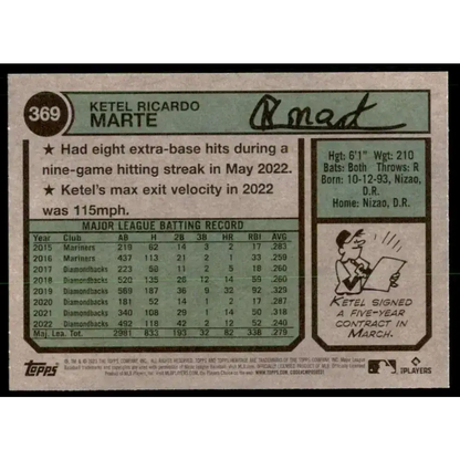 2023 Topps Heritage #369 Ketel Marte NM-MT Arizona Diamondbacks Baseball Card - Baseball Card