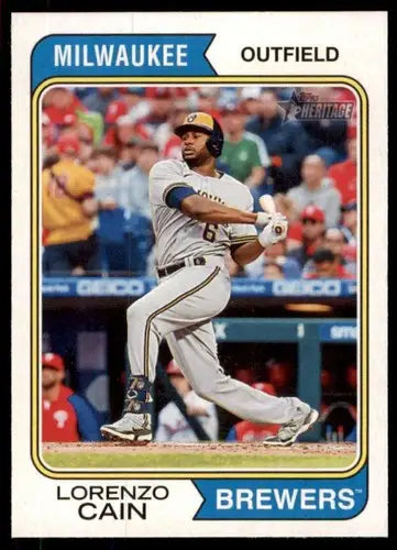2023 Topps Heritage Lorenzo Cain baseball card with original gloss Near Mint Brewers ID 65334