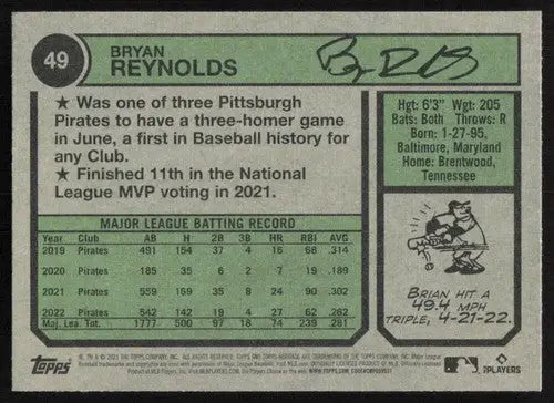 2023 Topps Heritage #49 Bryan Reynolds NM Near Mint Pirates ID:65232 - Baseball Card Single