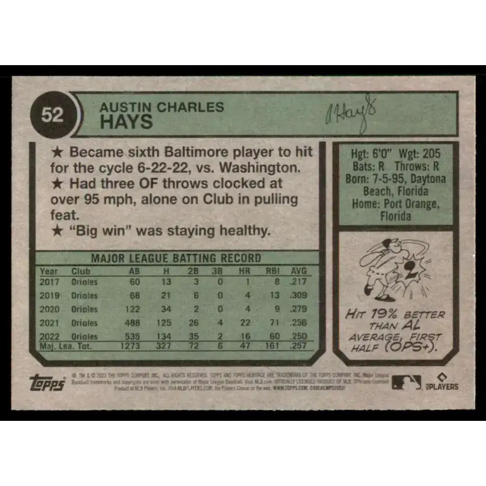 2023 Topps Heritage #52 Austin Hays NM-MT Baltimore Orioles Baseball Card - Baseball Card
