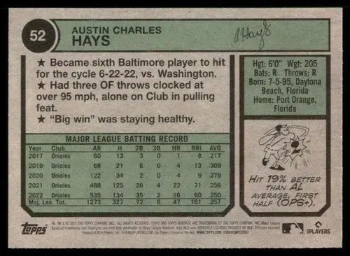 2023 Topps Heritage #52 Austin Hays NM Near Mint Orioles ID:65233 - Baseball Card Single