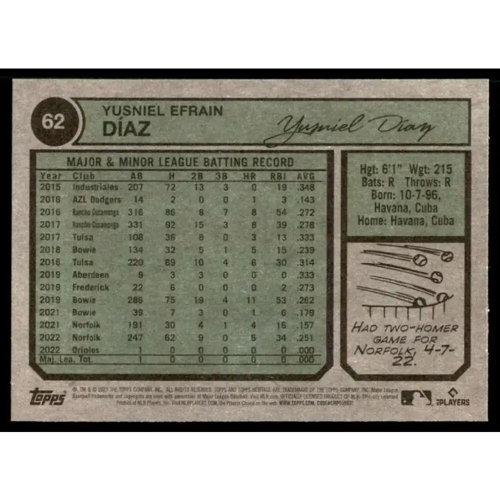 2023 Topps Heritage #62 Yusniel Diaz NM-MT RC Rookie Baltimore Orioles Baseball Card - Baseball Card
