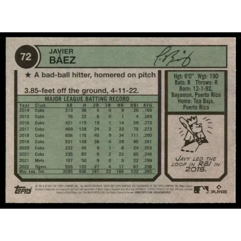 2023 Topps Heritage #72 Javier Baez NM-MT Detroit Tigers Baseball Card - Baseball Card Single