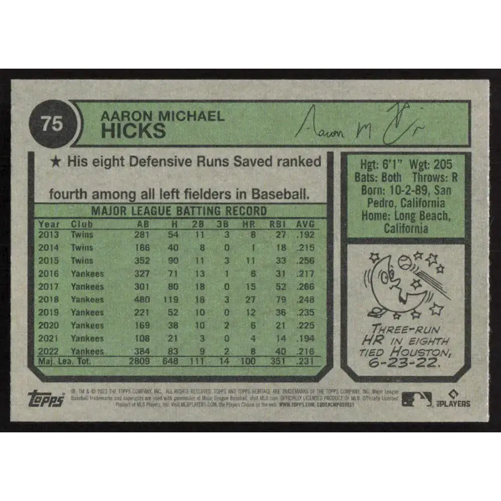 2023 Topps Heritage #75 Aaron Hicks NM-MT New York Yankees Baseball Card - Baseball Card