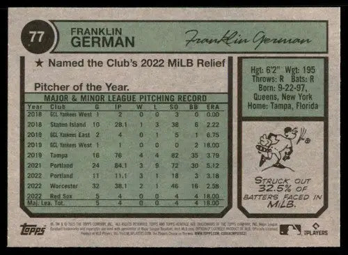 2023 Topps Heritage #77 Franklin German NM-MT RC Rookie Red Sox ID:73371 - Baseball Card Single
