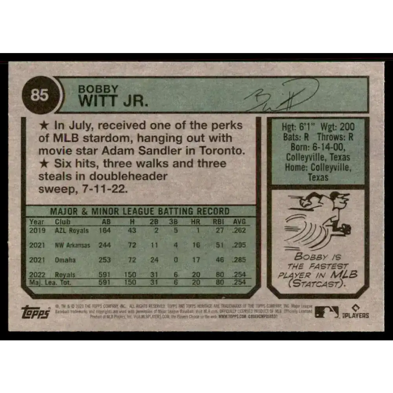 2023 Topps Heritage #85 Bobby Witt Jr. NM-MT Kansas City Royals Baseball Card