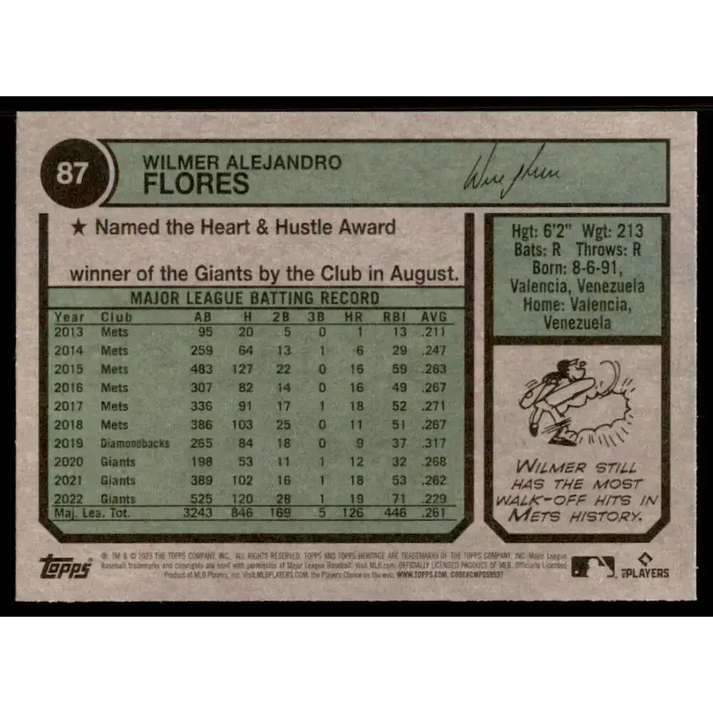 2023 Topps Heritage #87 Wilmer Flores NM-MT San Francisco Giants Baseball Card