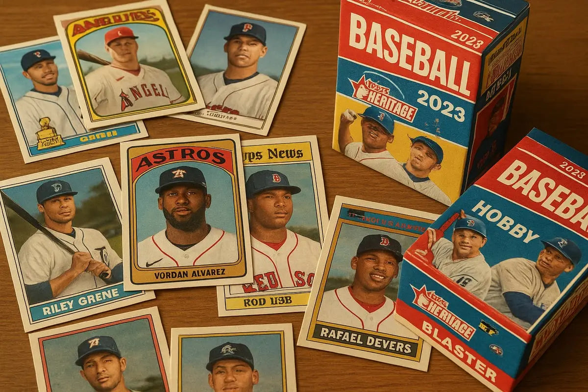 2023 Topps Heritage baseball card boxes in red blue yellow packaging