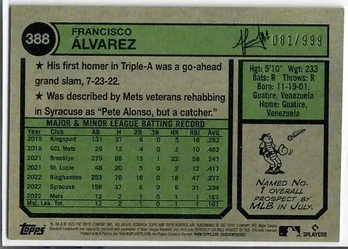 2023 Topps Heritage Chrome #388 Francisco Alvarez 081/999 NM-MT RC Rook ID:75691 - Baseball Card Single