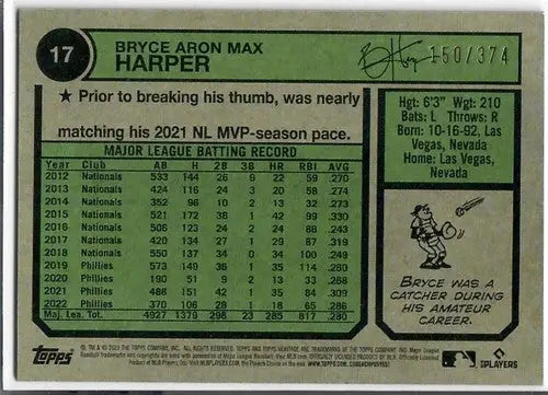 2023 Topps Heritage Chrome Refractor Silver #17 Bryce Harper NM-MT 150/ ID:75692 - Baseball Card Single