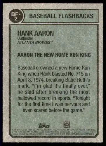 Hank Aaron baseball card back with original gloss from 2023 Topps Heritage Flashbacks series