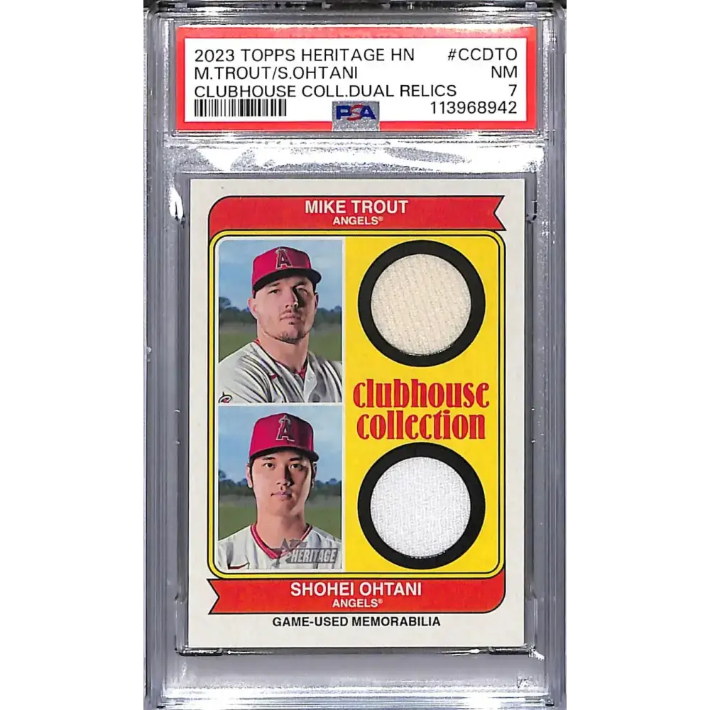 2023 Topps Heritage High Number Clubhouse Collection #CCD-TO Mike Trout / Shohei Ohtani PSA 7 NM MEM Auto Los Angeles