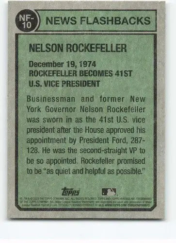 Baseball card back from 2023 Topps Heritage News Flashbacks featuring Nelson Rockefeller
