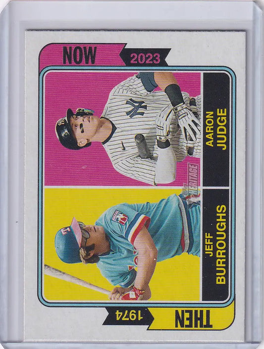 Baseball card of Jeff Burroughs and Aaron Judge in Yankees and Marlins uniforms